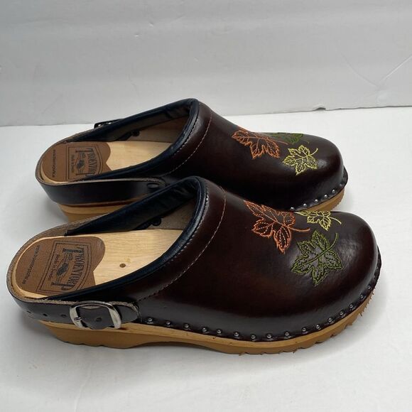 Troentorp Made In Sweden Brown Wooden Heel Embroidered Mule Clogs - Picture 3 of 11